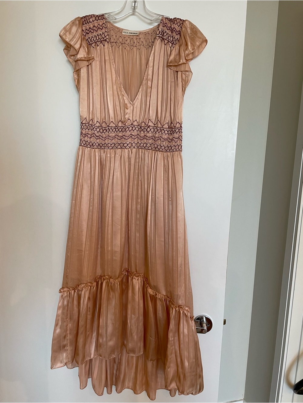 Ulla Johnson Peach Ruffled Midi Dress with Smocked Waist